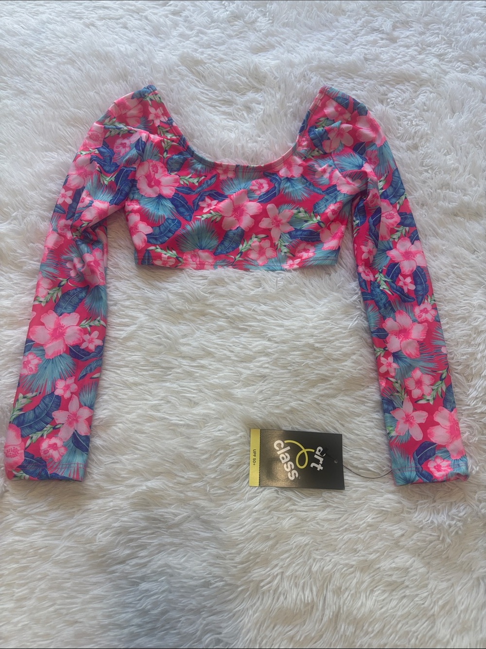 NWT Art Class Youth Girls Multi Floral Swim Top Cropped Long Sleeve Size S 6/7